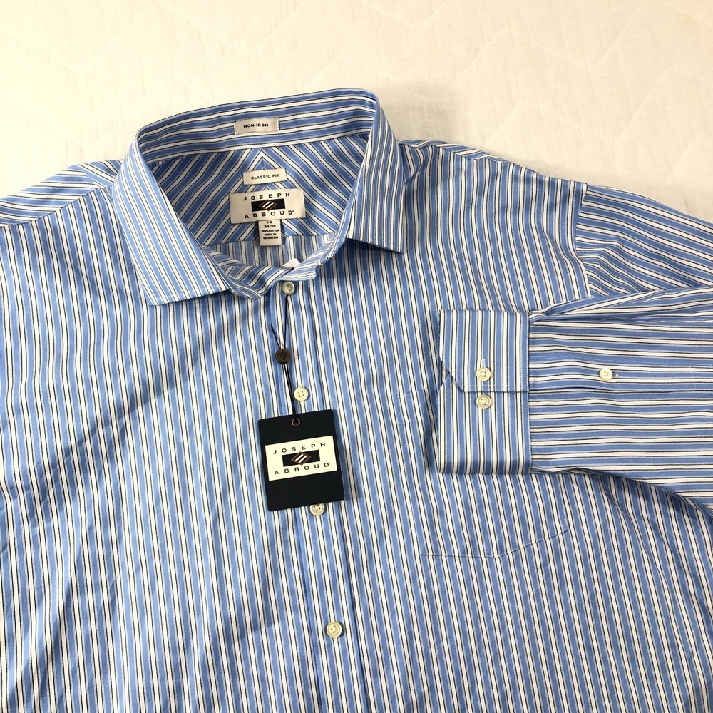 Joseph Abboud Shirt Men's 18 34/35 Blue Striped Classic Fit Non Iron Button Down